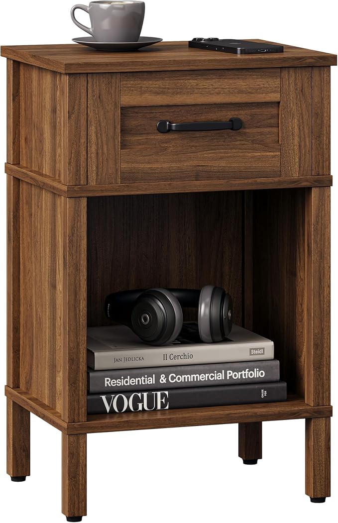Farmhouse Nightstand with Drawer, Small Wood Bedside Table, Rustic Side Table, Modern End Table with Drawer, Retro Wooden Red Brown Night Stand for Bedroom