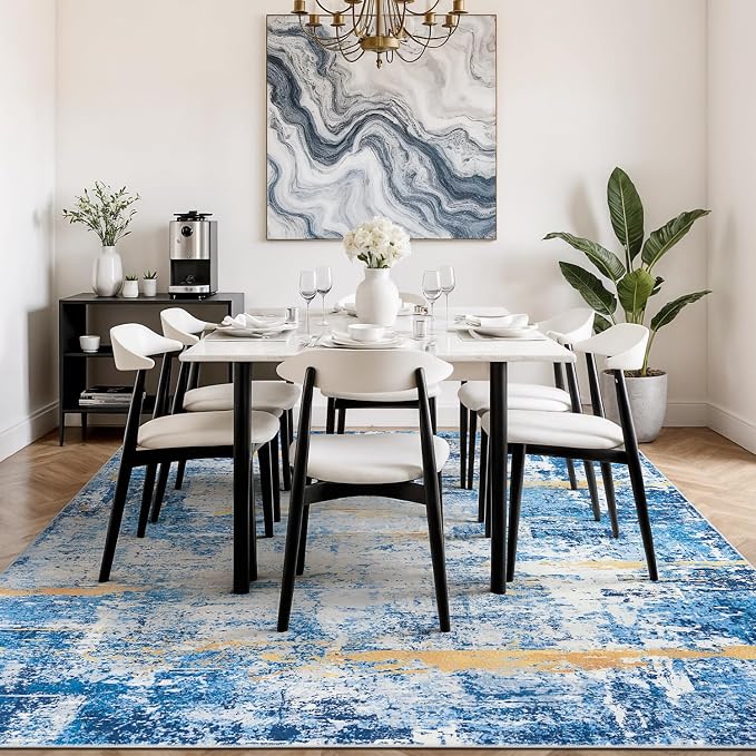 Rugflix 8x10 Area Rugs for Living Room, Washable Sky Blue Gold Large Rug | Machine Washable; Stain-Resistant; Low Pile; Non-Slip; Modern Abstract; Carpet for Bedroom Dining Office Nursery Home