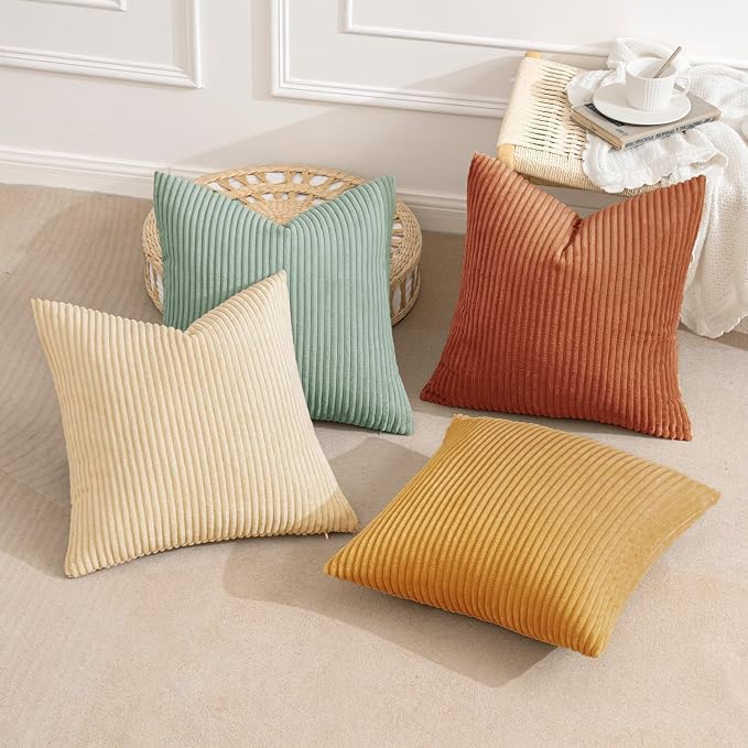 MIULEE Soft Corduroy Decorative Throw Pillow Covers Teal-Rust 20x20 | Set of 4, Mordern Rustic Home Decor, Retro Vintage Set, Boho Farmhouse Cushion Covers for Couch Bed Sofa Living Room