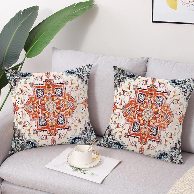 2pcs 18" x 18" Orange Bohemian Vintage Floral Waterproof Pillow Covers (Set of 2) for Indoor & Outdoor Use