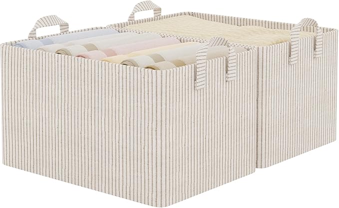 StorageWorks Storage Bins, Fabric Storage Bins for Shelves, Extra Large Storage Baskets with Metal Frame, Closet Baskets and Bins with Handles, Jumbo, Khaki and Beige Stripes, 2-Pack | Extra Large, With Reinforced Handles, Metal Frame, Collapsible, Bas...