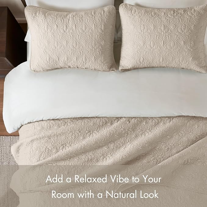 Madison Park Luxurious Cotton Damask Quilt Set, 3PC Full/Queen Bed Set | All Season, Lightweight Stitching Coverlet Bedspread Bedding Stitching with Shams, Cream