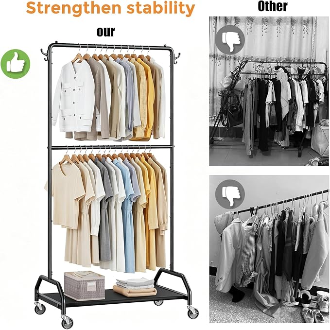 Wiracks Clothes Rack Double Hanging Clothes Rack Clothing Rack Garment Rack 130LBS Capacity 34.5" W X15.8 D X 79" H Rolling Clothes Racks for Hanging Cothes with Bottom Shelf