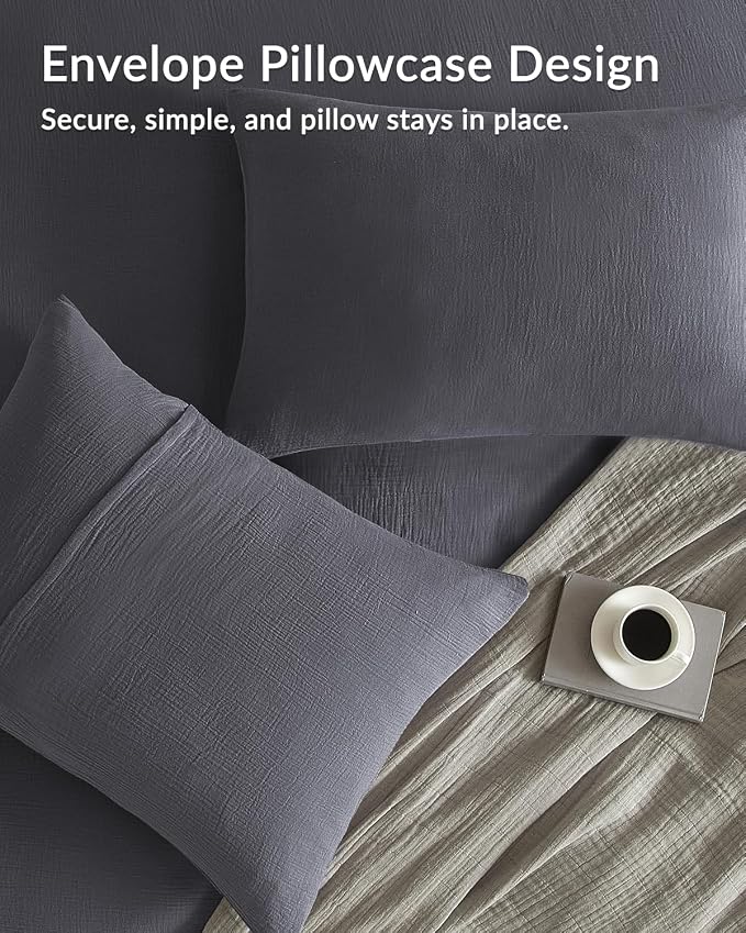 SE SOFTEXLY Muslin Duvet Cover King Size, 100% Washed Cotton Duvet Cover Set, Ultra Soft Comforter Cover Linen Like, 3 Pieces Minimalist Gauze Duvet Cover with 2 Pillowcases, 90"x104", Dark Grey