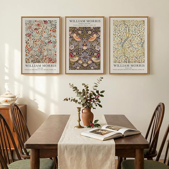 Large Framed William Morris Strawberry Thief Canvas Wall Art, Set of 3 | Fine art, Vintage, Rustic botanical, Floral art prints, 30x60 inch, Living room, Bedroom, Hallway, Office decor