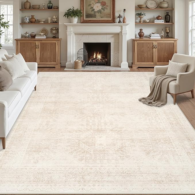 Area Rugs 9x12 Living Room: Bedroom Neutral Washable Carpet Beige | Large Vintage Boho Indoor Decor Carpets Soft Nursery Farmhouse Dining Room Office Floor Non-Slip Low Pile Under Table Rug