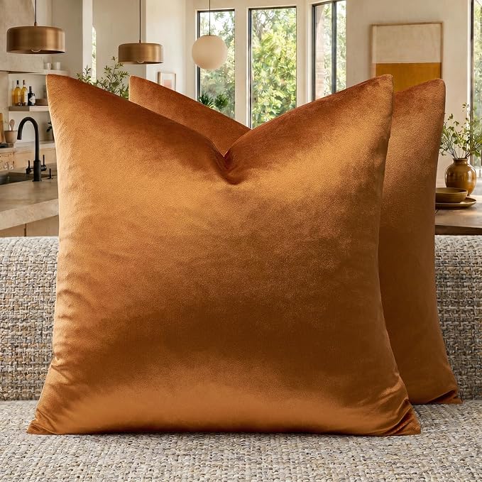 GIGIZAZA Orange Velvet Pillow Covers 18x18 Decorative Pillows Pack of 2 | Throw Pillows for Couch Sofa,280gsm Soft Textured Fabric,Modern Square Pillowcases,Luxury Cushion Covers