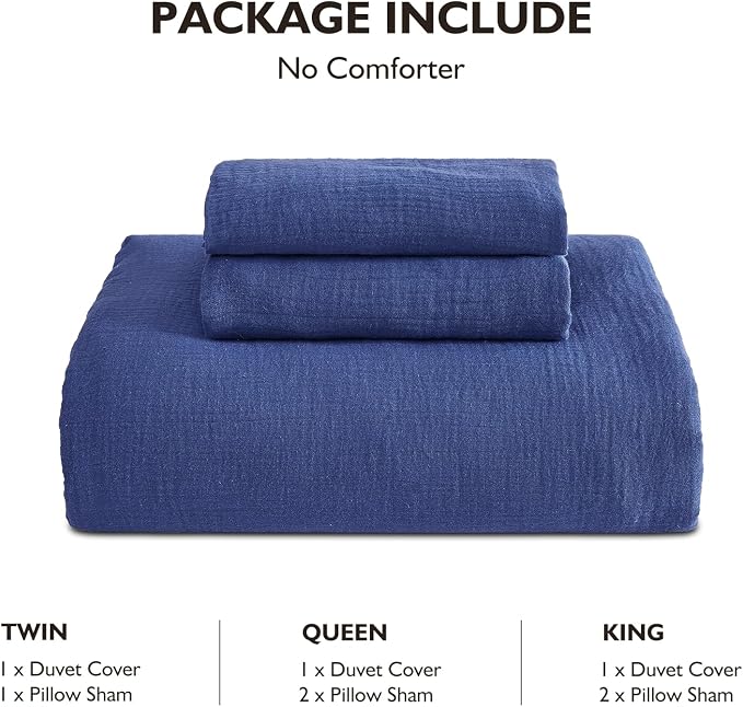 EMME Muslin Cotton Duvet Cover Set King Size Linen Like Soft Breathable Lightweight Summer Comforter Cover Set with Zipper Closure (Navy, King, 104"x90")