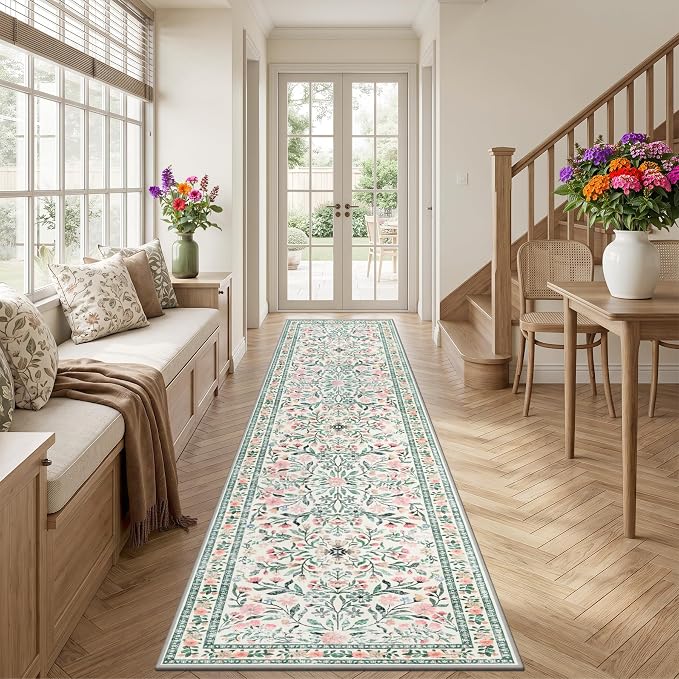 PLHXFR 2.6x14 Washable Runner Rug：Floral Indoor Kitchen Carpet Green Beige | For Hallway Bedroom Kitchen Laundry Bathroom Dorm,Vintage Floral,Machine washable,Non Slip,Stain Resistant,Indoor Floor