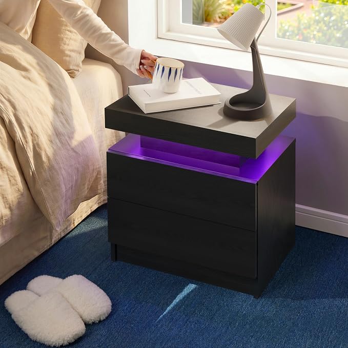 i-aplus LED Nightstand with Wood 2 Drawers Modern Bedside Table for Bedroom | Nightstands with App-Controlled RGB LED Lights, Night Stand with Storgae Drawer, Modern Bedside Table for Bedroom