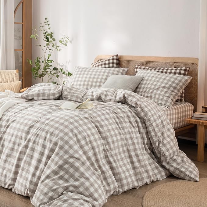 BESTOUCH Gingham Cotton Duvet Cover Set Linen Grey Twin | Washed Cotton, Linen Feel, Soft Wrinkle Texture, Hidden Zipper, 8 Ties, Breathable Lightweight Durable Comfy, 2 Pcs No Insert