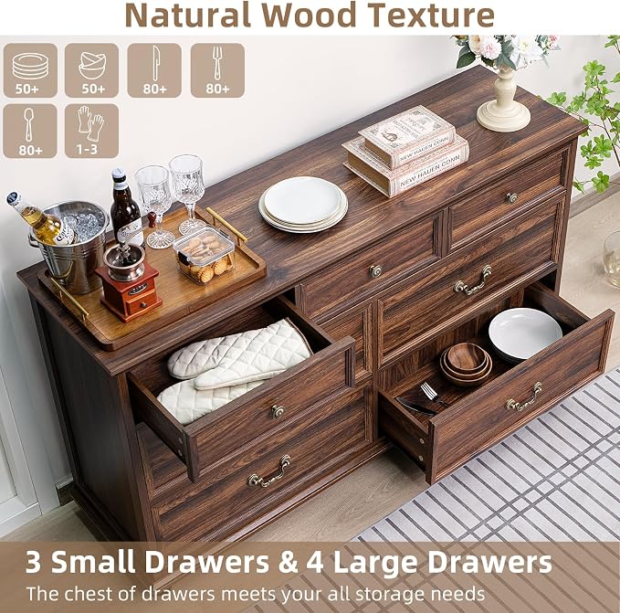 Joaxswe Farmhouse 54" 7 Drawers Dresser for Bedroom, Vintage Wood Chest of Drawers w/ 4 Wooden Legs, Wide Closet Storage Dressers Organizer for Hallway, Rustic Large TV Stand for Living Room, Brown