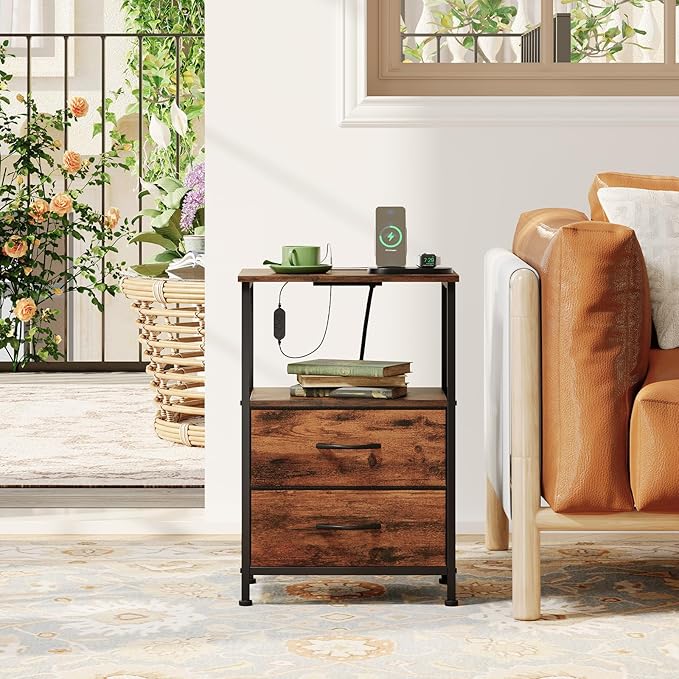 Somdot Nightstands Set of 2 with 2 Drawers, Charging Station & LED Light | Open-Shelf End Tables for Bedside, Dorm, Guest Room, Kids Room, Bedroom, Entryway and Hallway, Brown