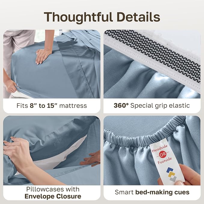 California Design Den Certified 100% Egyptian Cotton Full Bed Sheets Set | Backed by Good Housekeeping Seal, Light & Airy Soft Sateen, 15" Deep Pocket, All-Around Elastic, 4pc Set - Blue Hydrangea