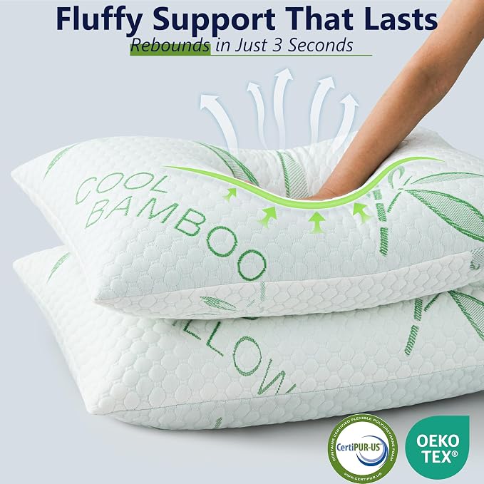 Shredded Memory Foam Pillows, Cooling Pillows Standard Size Set of 2 Adjustable Firm Bamboo Bed Pillows for Hot, Side, Back and Stomach Sleepers