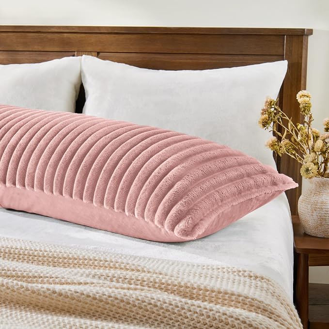 BEDELITE Fluffy Striped Body Pillow Cover with Zipper, Dusty Pink, 20x54 | Ultra-soft Faux Fur with 11D Striped Texture, Comfy, Plush, and Cloud-like, Body Pillow Pillowcase for Bed Couch Room Decor
