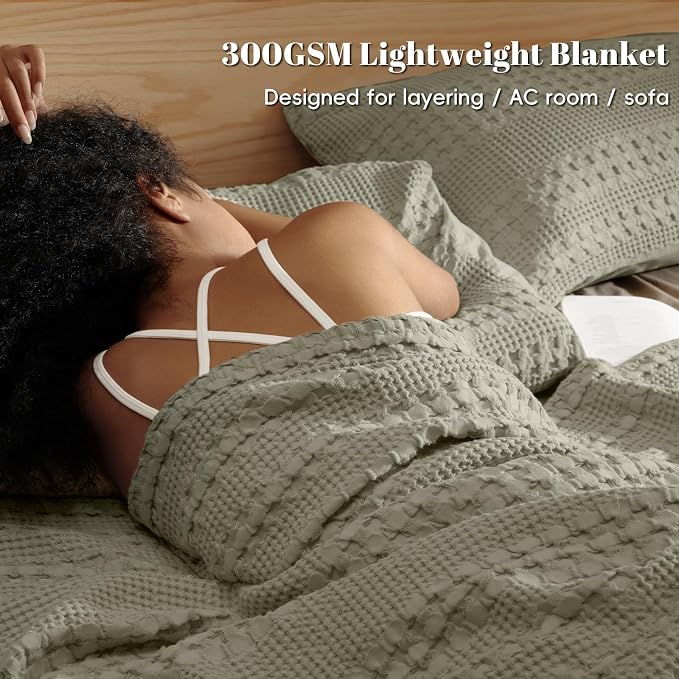 PHF Lightweight 100% Cotton Waffle Blanket for Bed, Queen, Dusty Sage | Pre-Washed Soft Cotton Comfort, Breathable Layering Warmth for Fall & Winter, Bed, Sofa, Couch, Home Decor & Gifts