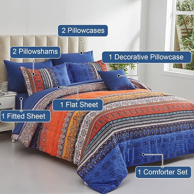 Cottolester Boho Comforter Set King Size 8 Piece Bed in a Bag Burnt Orange Paisley Fall Comforter and Sheet Set Bohemian Striped Bedding Set,Soft Microfiber Complete Bedding Set