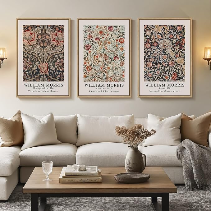 Large Framed William Morris Vintage Wall Art for Living Room, 3 Piece | Fine art, Botanical, Floral, Rustic, Farmhouse, 30x60 in, Easy to hang, Waterproof, Bedroom/Office/Hallway/Wall decor