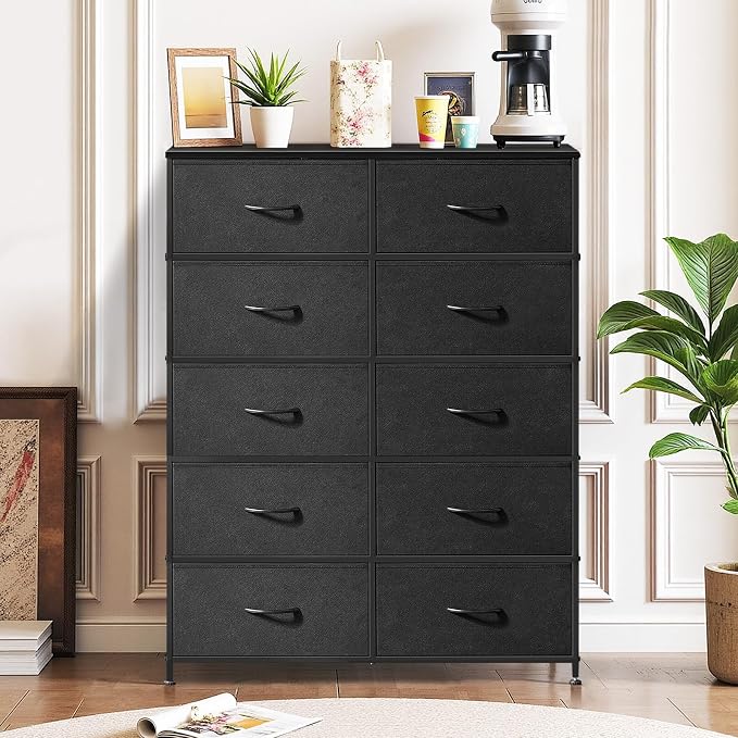 10-Drawer Dresser for Bedroom, Anti-Tip Tall Storage Organizer | Chest of Drawers with Wooden Top and Metal Frame Fabric Bins for Closet, Living Room, Hallway, Entryway, Black
