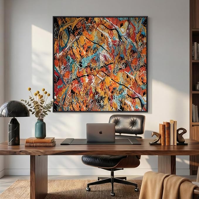 Large Framed Colorful Abstract Wall Art for Living Room, Oversized Square Modern Canvas Prints Paintings for Walls, Contemporary Orange Blue Pictures for Dining Bedroom Hallway Wall Decor 40x40 In