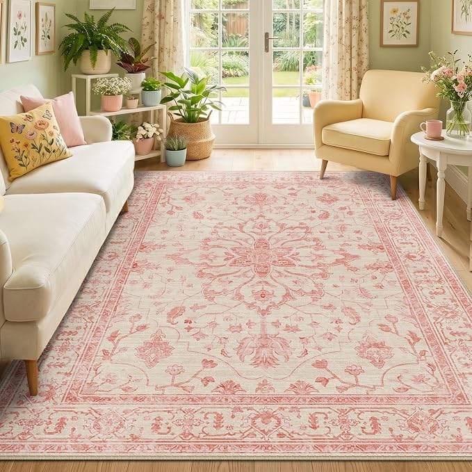 RELEANY Washable Area Rug, 5'x7', Pink/Light Vintage Pink | Non-Slip, Water Repellent, Pet Friendly, Easy to Clean, Vintage Floral Boho Decor for Living Room Bedroom Dining Room Office