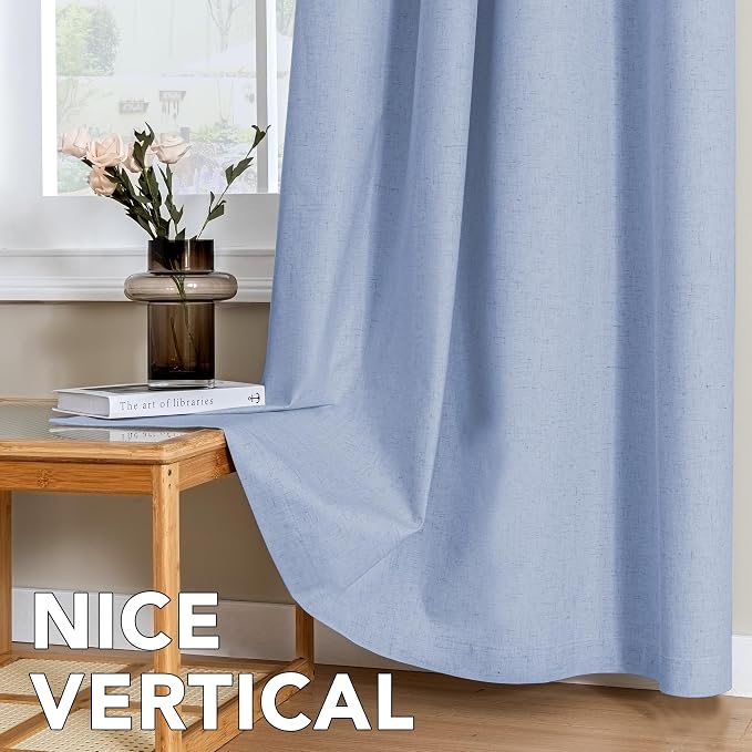 H.VERSAILTEX Linen Curtains 100% Blackout Curtains for Bedroom 96 inch Long Full Light Blocking Nature Linen Blended Window Curtains for Living Room Nickel Grommet (2 Panels, Heathered Chambray Blue)