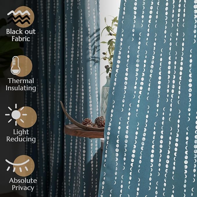 jinchan Boho Blackout Curtains 84 Inches Long Moon Phase Printed Drapes | Blue Farmhouse Curtains for Bedroom Living Room Back Tab Drapes Room Darkening Window Treatments 2 Panels