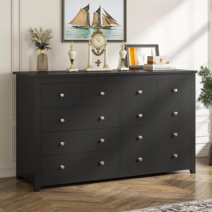 EnHomee Black Dresser for Bedroom with 10 Drawer, Multi-Layer Organization | Modern Wood Chest, 52"W TV Stand Versatile for Living Room Entryway Closet, Metal Frame and Handles, Smooth Glides, Anti-Tip