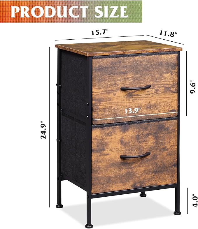 WLIVE Night Stand, Small Dresser with 2 Drawers & Wooden Top, Nightstand with Fabric Bins, Bedside Table End Table for Bedroom, Closet, Entryway, College Dorm, Rustic Brown