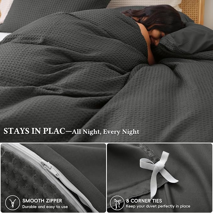 David's Home Soft Textured Waffle Weave Duvet Cover Set, Queen Size, Grey | Breathable Cozy for All Season, 300GSM, 3PCS Home Bedding Decor, OEKO-TEX Certified, Hidden Zipper, 8 Corner Ties, 90" X 90"