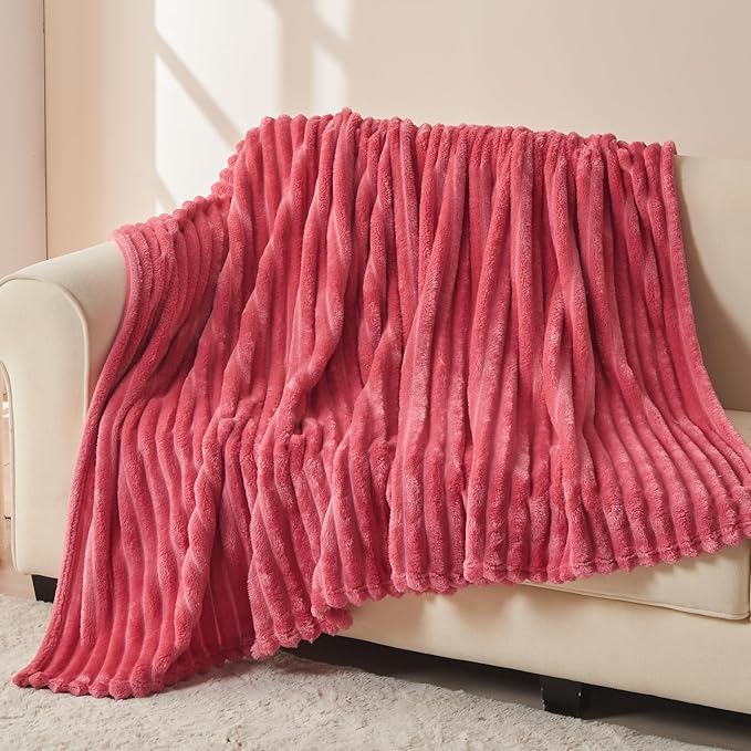 NEWCOSPLAY Fleece Ribbed Cozy Twin Blanket for Couch, Coral Pink, 60"x80" | Premium Silky Flannel Blanket, Soft Lightweight Fluffy Throw Blanket for Bed Sofa Decor, Gift for All Season Use