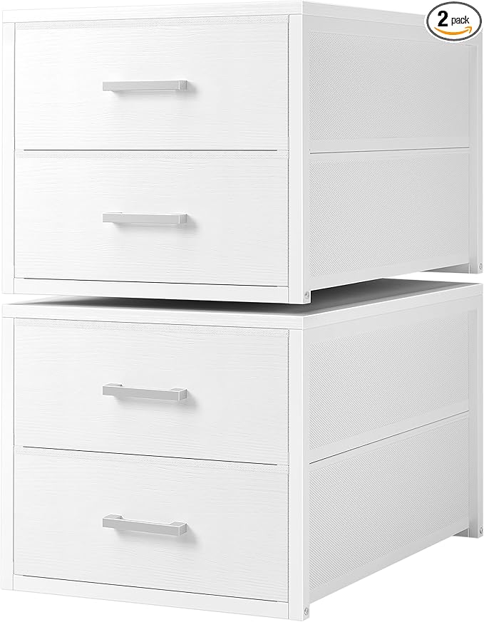 BOLUO Stackable Storage Drawers Narrow Closet Organizers and Storage Fabric White 2 Drawer Dresser for Bedroom 2 Packs Modern