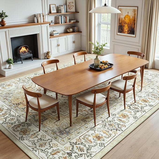 8 x 10 Area Rugs for Living Room, Washable Bedroom Large Rug, Beige | Boho Low Pile Rug for Dining Room, Floral Medallion Vintage Carpets with Non-Slip Backing, Kids Pet Friendly, Fit All Vacuums