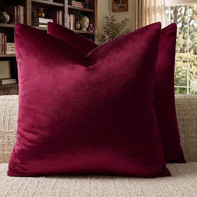 GIGIZAZA Burgundy Velvet Pillow Covers 16x16 Decorative Pillows Pack of 2 | Red Throw Pillows for Couch Sofa,280gsm Soft Textured Fabric,Modern Square Pillowcases,Luxury Cushion Covers