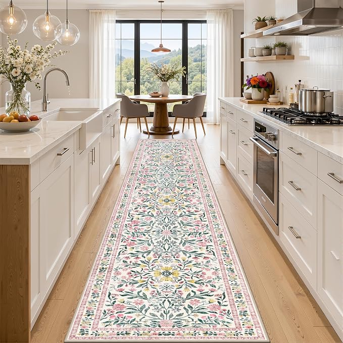 PLHXFR 2.6x14 Washable Runner Rug：Floral Indoor Kitchen Carpet Pink Green | For Hallway Bedroom Kitchen Laundry Bathroom Dorm,Vintage Floral,Machine washable,Non Slip,Stain Resistant,Indoor Floor
