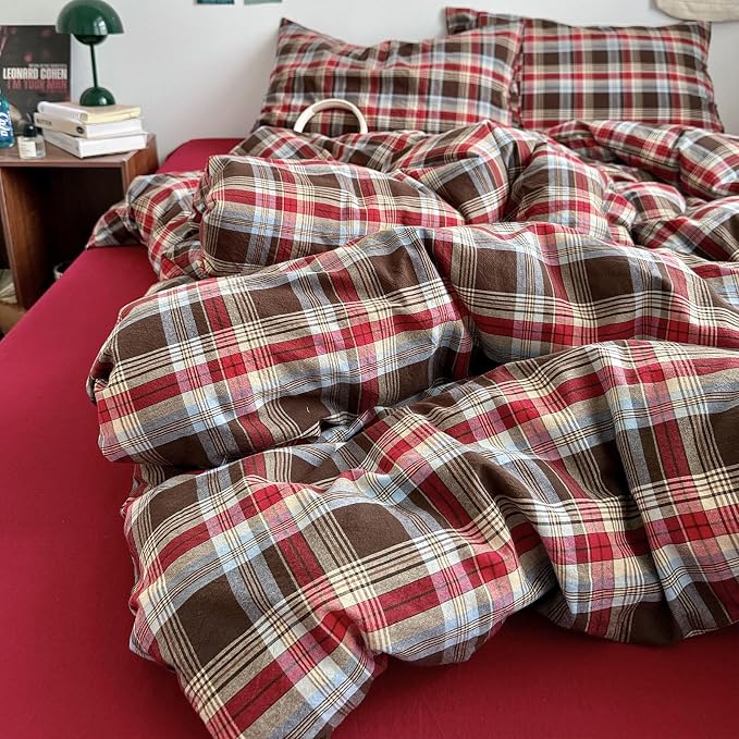 Vintage Buffalo Plaid Comforter Set King Size, 3 Pieces Red Brown Checkered Grid Comforter with 2 Pillowcases, Soft Fluffy Breathable Plaid Printed Gingham Bedding Comforter Set for All Seasons