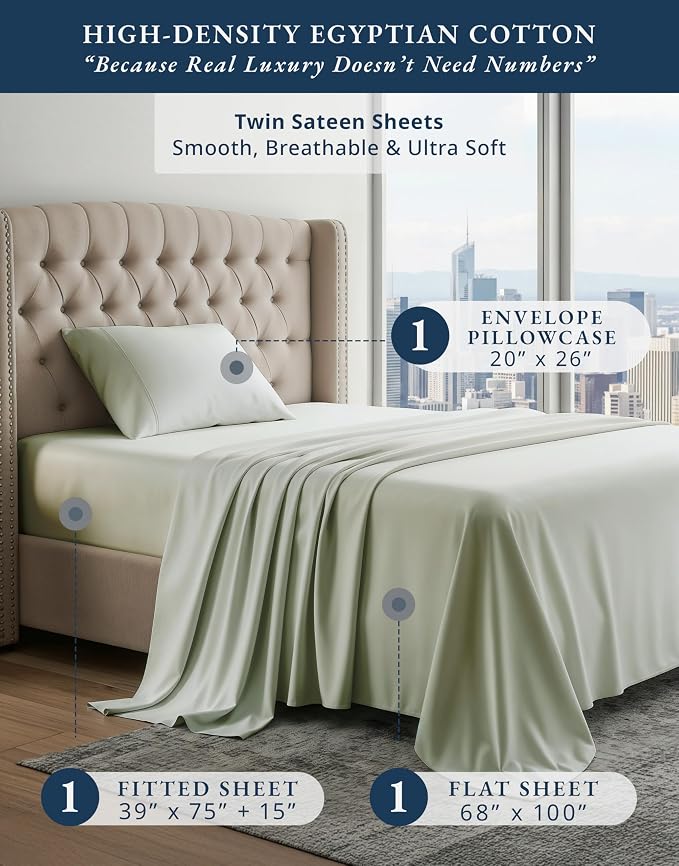 LANE LINEN Extra Long Twin Sheets 100% Egyptian Cotton Sateen - Mineral | Twin Bed Sheets Cotton - 3-Piece Set, Ideal For Dorms And Guest Beds, For A Luxurious Night's Sleep, Luxe Sheen,