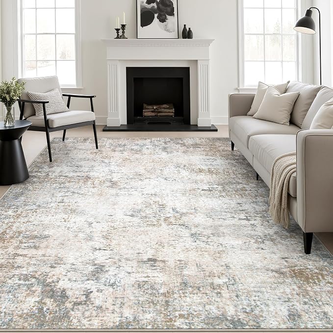 9x12 Area Rug Living Room Rug: Washable Modern Abstract Soft Thin Rug Indoor Floor No Slip Stain Resistant Carpet for Bedroom Dining Room Farmhouse Nursery Home Office - Brown Grey