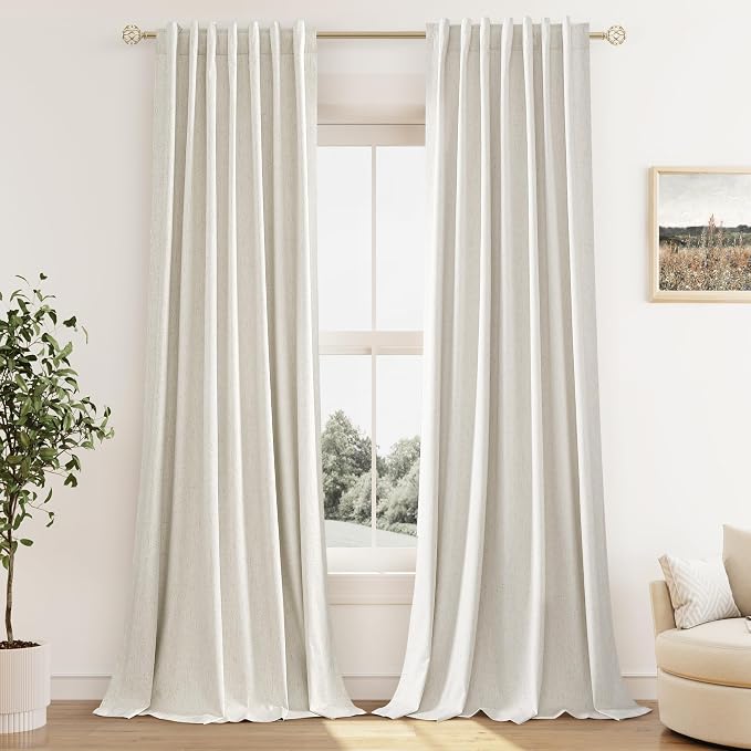 Extra Long 100% Blackout Linen Curtains for Bedroom 145 Inches Long Natural Cream Black Out Curtain Back Tab Thermal Insulated Room Darkening Window Drapes for Living Room 2 Panels Beige Ivory 52x145