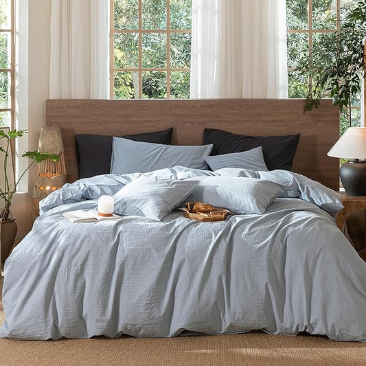 MooMee Wavy Striped Duvet Cover Set 100% Washed Cotton Linen Like Textured Breathable Durable Soft Comfy (Cornflower Blue, Full 80"x90")