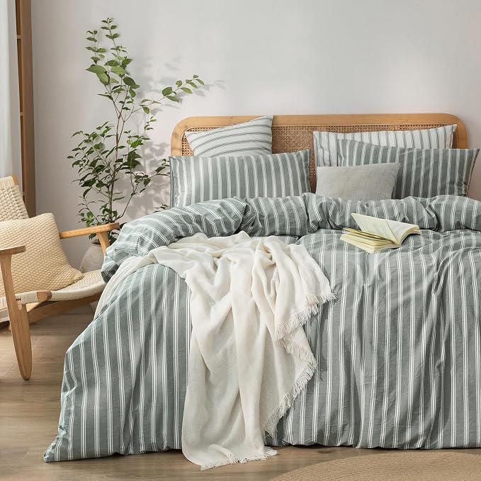 BESTOUCH Striped Cotton Duvet Cover Set Linen Feel Oversized King | 100% Washed Cotton, Soft Wrinkle Texture, Hidden Zipper, 8 Ties, Breathable Lightweight Durable Comfy, 3 Pcs No Insert