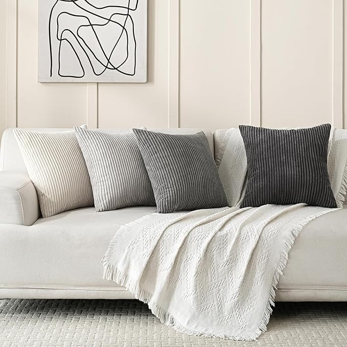 Volcanics Set of 4 Neutral Grey Corduroy Couch Throw Pillow Covers 20x20 in | Decorative Modern Farmhouse Striped Cushion Cases, Soft Boho Square Accent Pillow Covers for Home Sofa