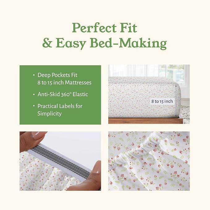 California Design Den 100% Organic Cotton Queen Size Sheets, Floral Print | GOTS Certified, Lightweight Crisp & Airy Percale For Hot Sleepers, 15" Deep Pocket, All-around Elastic, Easy Care