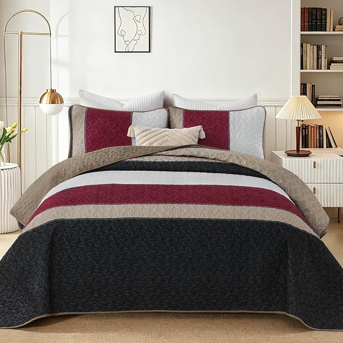 Cottolester Quilts Queen Size,Black Red Striped Bedspread Coverlet Set | Lightweight Patchwork Quilted Bedding Set with 2 PillowShams,Soft Microfiber,All Seasons Quilts Queen Size for Bed 96"x90"