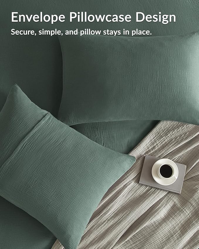 SE SOFTEXLY Muslin Duvet Cover King Size, 100% Washed Cotton Duvet Cover Set, Ultra Soft Comforter Cover Linen Like, 3 Pieces Minimalist Gauze Duvet Cover with 2 Pillowcases, 90"x104", Forest Green