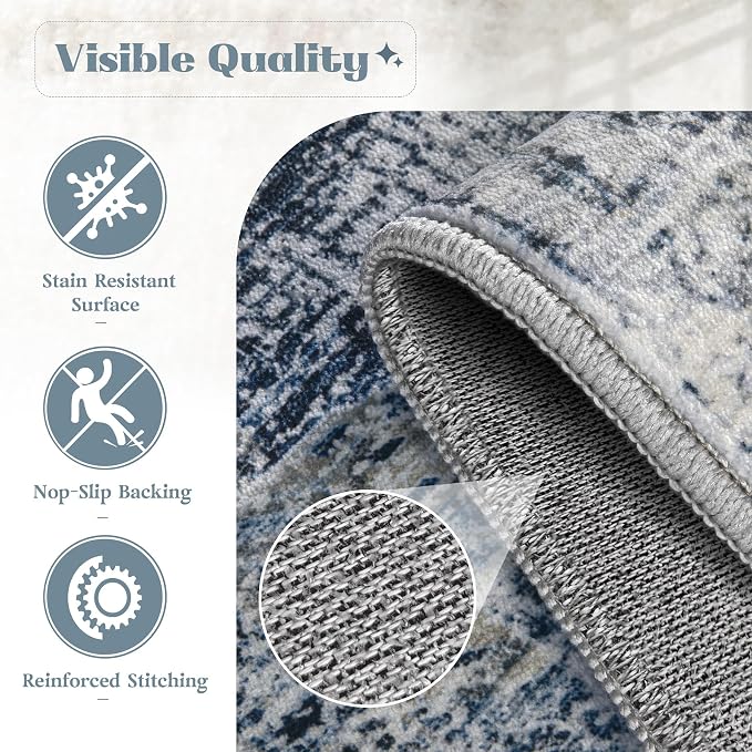Area Rug 9x12 Washable Rug, Vintage Boho Medallion Rugs Non-Slip Soft Low Pile Large Distressed Rug Indoor Retro Carpet for Living Room Bedroom Dining Room Home Office (Blue, 9'x12')