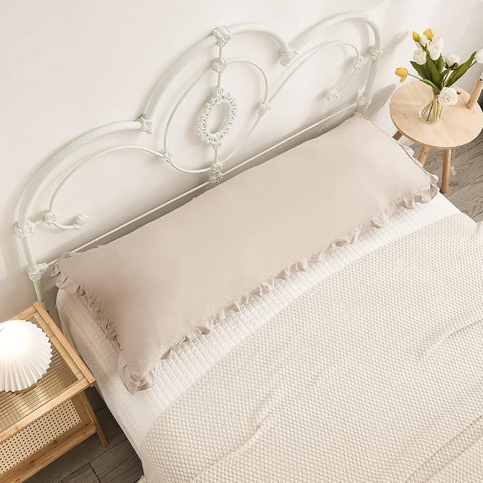 Taupe Body Pillow Cover 20x54inches Long Pillowcase Ruffled Pillowcases Shabby Chic Ruffled Fringe Decor Body Ruffled Pillow Sham Cute Pillowcase (1 Body, Taupe)