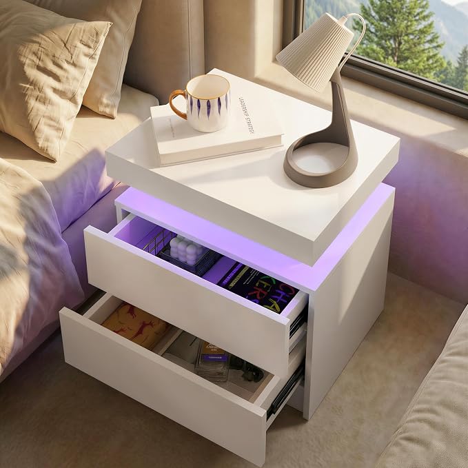 i-aplus LED Nightstand with Wood 2 Drawers Modern Bedside Table for Bedroom | Nightstands with App-Controlled RGB LED Lights, Night Stand with Storgae Drawer, Modern Bedside Table for Bedroom