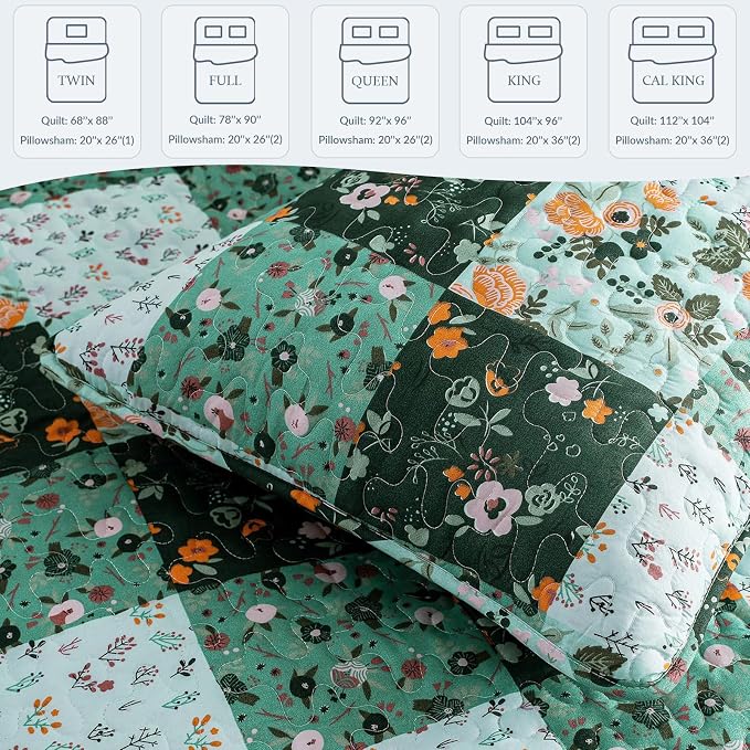 Exclusivo Mezcla Reversible Boho Quilts Full Size Green | Lightweight Soft Bedspreads, All Season Patchwork Coverlet Bedding Set, Printed Floral Pattern, 1 Quilt and 2 Pillow Shams